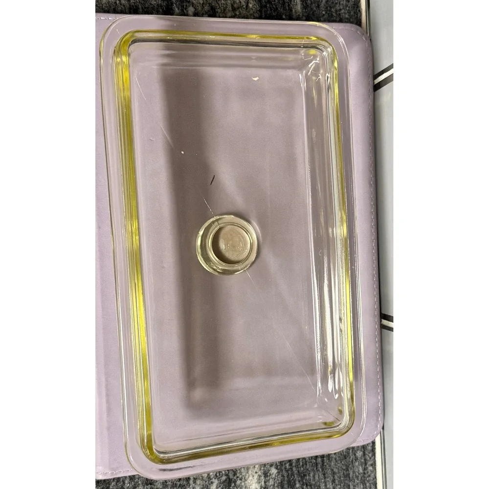 Vintage Westinghouse Glass Refrigerator Dish with Lid Clear Yellow Trim Logo